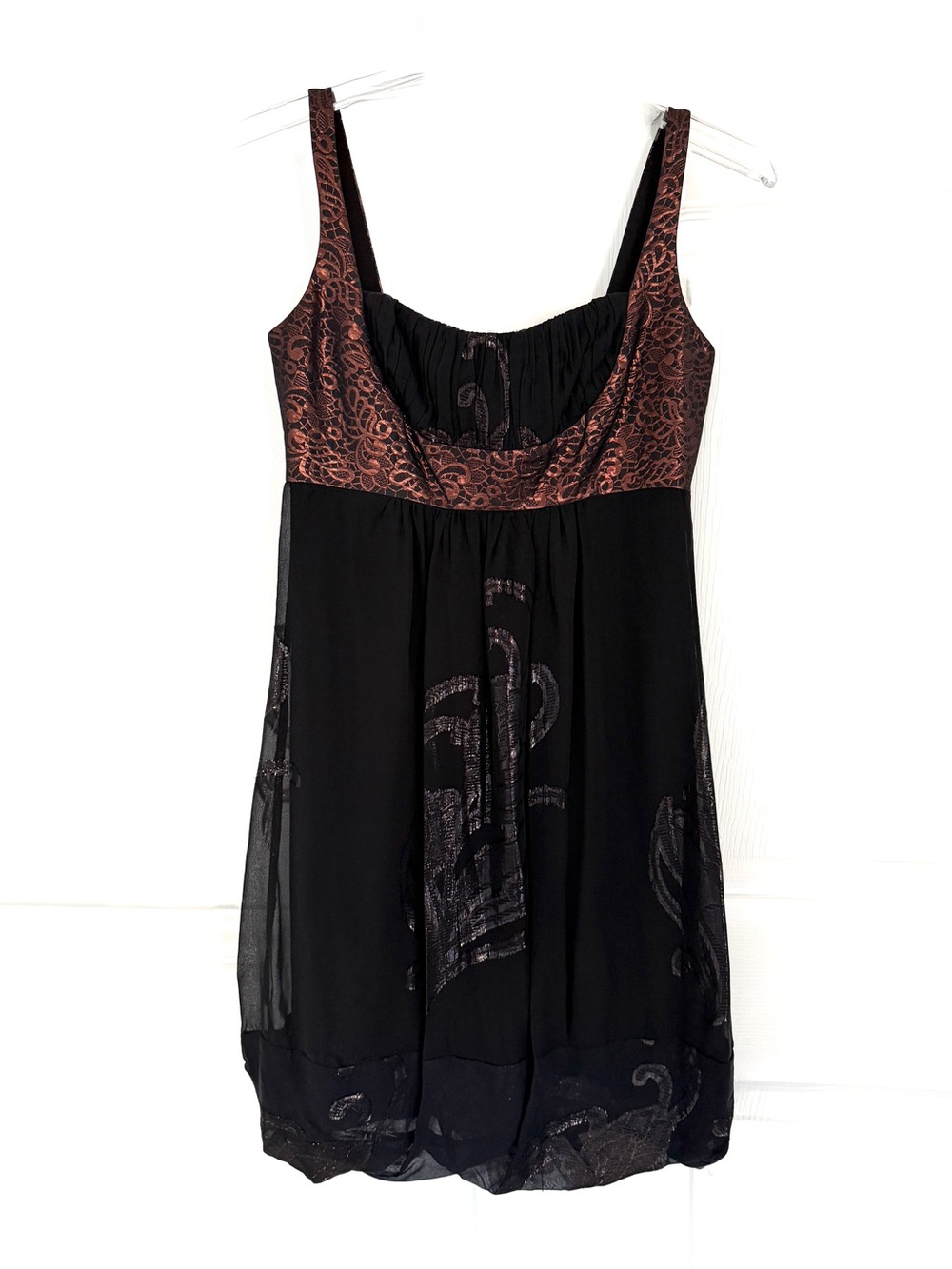 Nicole Miller Studio black silk chiffon mini dress metallic gathered bodice XS